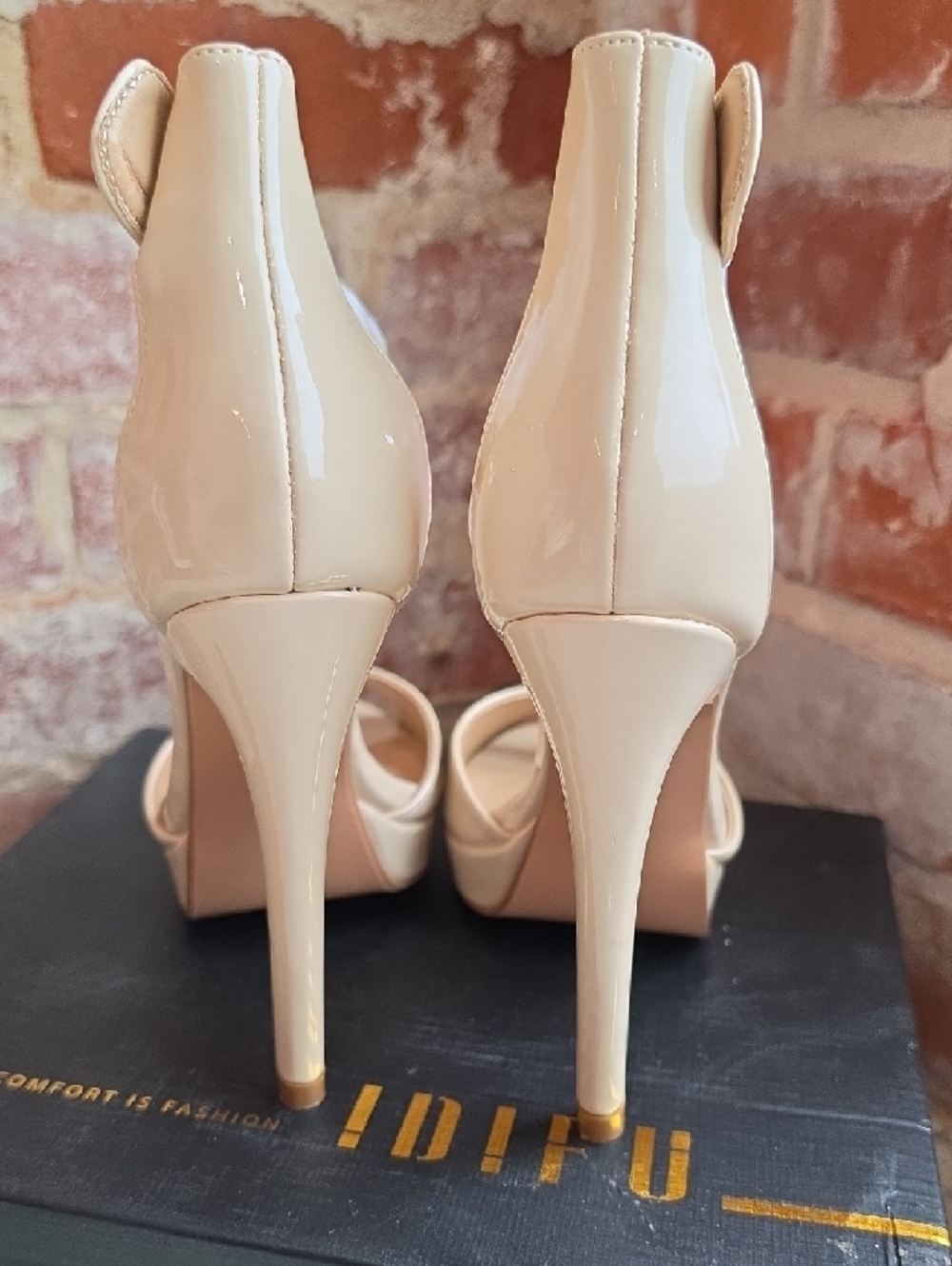IDIFU Beige Patent Platform Ankle-Strap Stiletto Heels - Picture 4 of 6